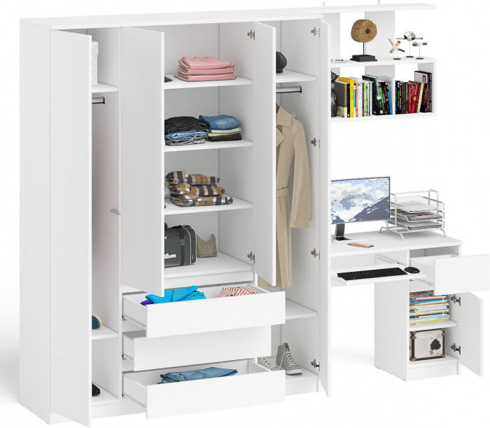 Мори компьютерный стол МС-1 правый + Шкаф МШ1600.1 + Полка 900, белый