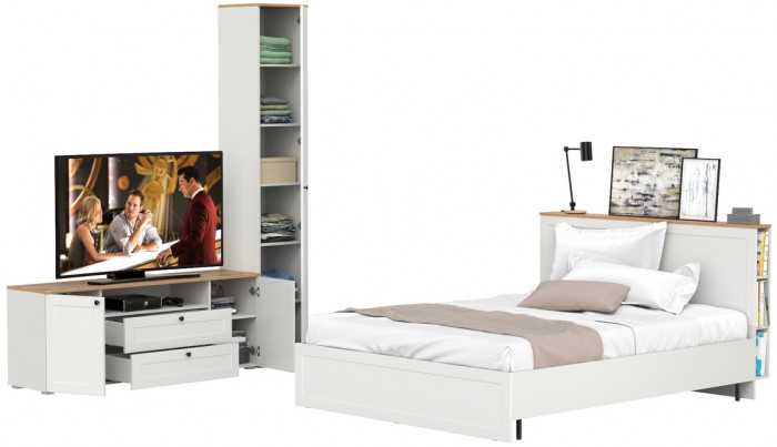 Остин 11.53 Кровать + ортопед + 13.227 Шкаф-пенал + 16.47 Тумба под ТВ, белый шагрень/дуб крафт золотой