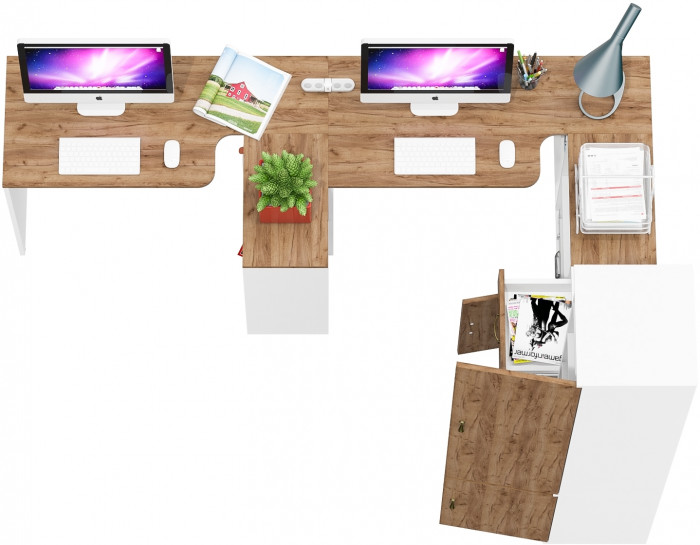 Лидер-8 Стол + Стол + Пенал МД 22Б + Тумба МД 3.15, белый шагрень/крафт золото