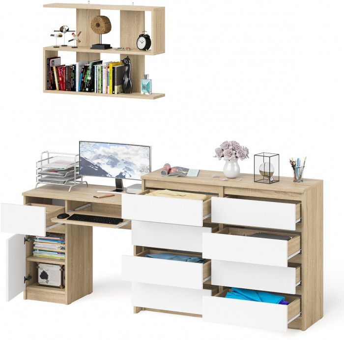 Мори компьютерный стол МС-1 левый + Комод МК1200.8 + Полка 900, дуб сонома/белый