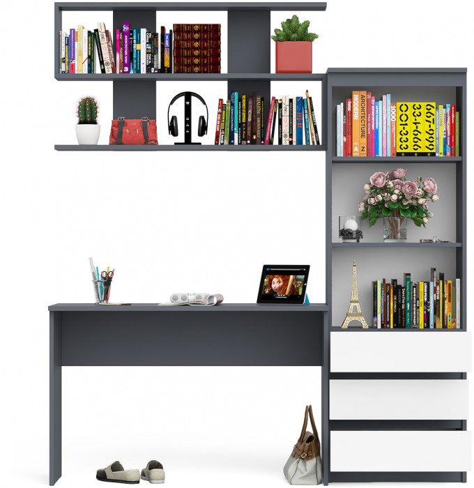 Мори письменный стол МСП1200.1 + Стеллаж МСТ600.3 + Полка 1200, графит/белый