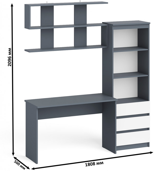 Мори письменный стол МСП1200.1 + Стеллаж МСТ600.3 + Полка 1200, графит/белый