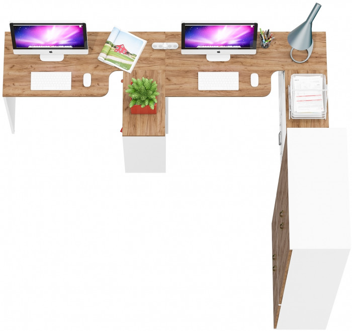 Лидер-8 Стол + Стол + Шкаф МД 20Б + Тумба МД 3.15, белый шагрень/крафт золото