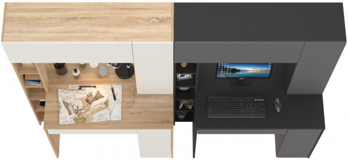 КР100 Два стола компьютерных Комфорт 12.71, цвет дуб сонома/белый/антрацит/тёмно-серый, ШхГхВ 233,4х60,2х165,4 см., НЕ универсальная сборка
