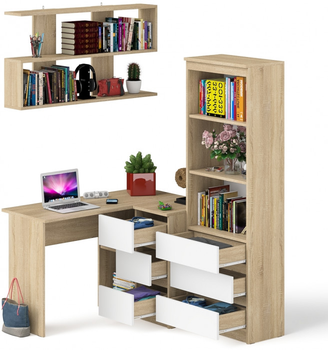Мори компьютерный стол МС-16 правый + Стеллаж МСТ600.3 + Полка 1200, дуб сонома/белый