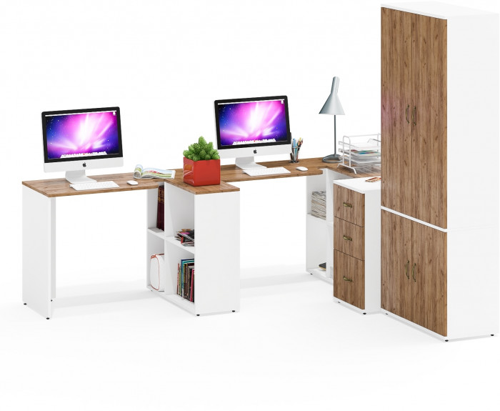 Лидер-8 Стол + Стол + Шкаф МД 20Б + Тумба МД 3.16, белый шагрень/крафт золото