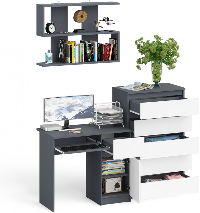 Мори компьютерный стол МС-1 правый + Комод МК700.5 + Полка 900, графит/белый