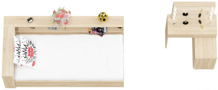 Ксения Кровать с ящиками 0900 + прикроватный блок + Столик с подсветкой 110, дуб сонома