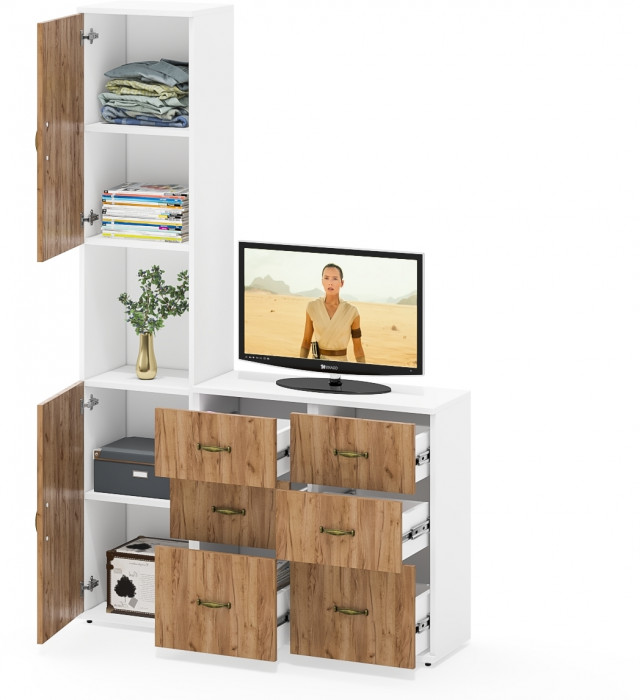 Лидер-8 Пенал + Тумба МД 3.16 + Тумба МД 3.16, белый шагрень/крафт золото