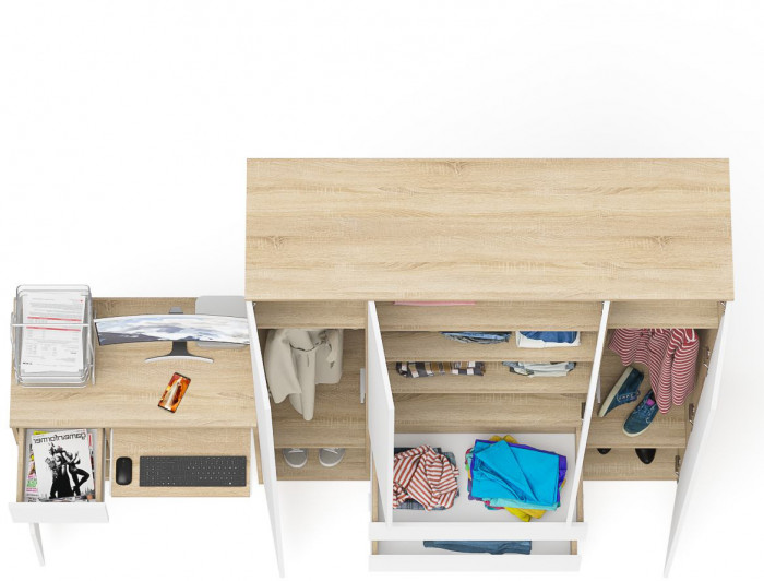 Мори компьютерный стол МС-1 левый + Шкаф МШ1600.1, дуб сонома/белый