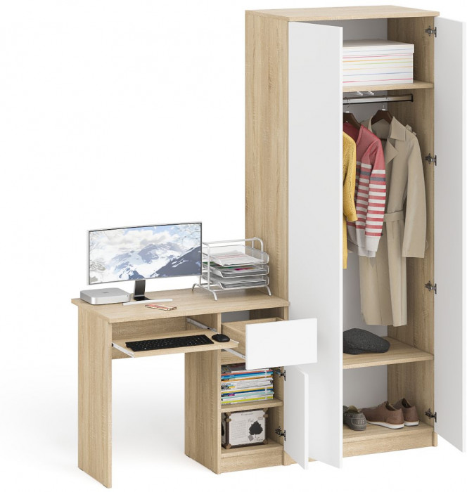 Мори компьютерный стол МС-1 правый + Шкаф МШ800.1, дуб сонома/белый