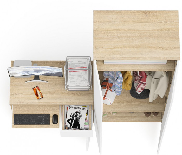 Мори компьютерный стол МС-1 правый + Шкаф МШ800.1, дуб сонома/белый