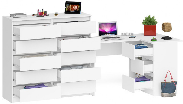 Мори компьютерный стол МС-16 правый + Комод МК1200.10, белый