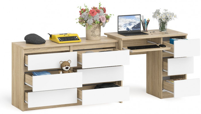 Мори Стол компьютерный МС-6 правый + Комод МК1200.6, цвет дуб сонома/белый, ШхГхВ 210,4х50х76,6 см., выдвижные ящики справа, НЕ универсальная сборка