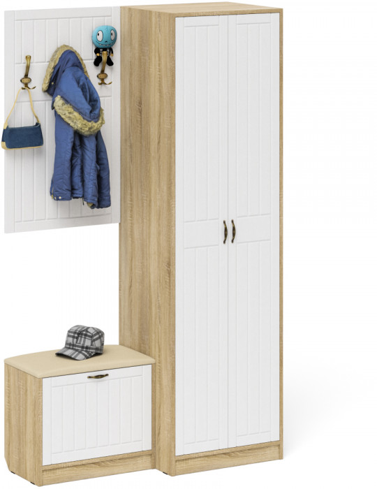 Прихожая П-6 Компоновка № 12, дуб сонома/фасады МДФ белое дерево фрезеровка прованс