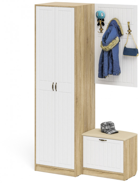 Прихожая П-6 Компоновка № 12, дуб сонома/фасады МДФ белое дерево фрезеровка прованс