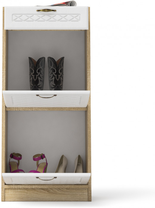 Прихожая П-6 Тумба для обуви 2 секции, дуб сонома/фасады МДФ белое дерево фрезеровка ромб