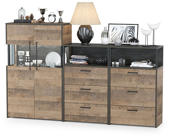 Трувор 13.306 Комод с витриной + 13.307.02 Комод с ящиками + 13.307.02 Комод с ящ., дуб гранж песочный/интра