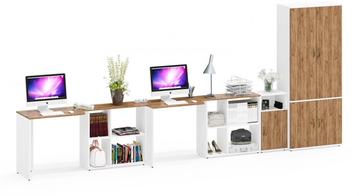 Лидер-8 Стол + Стол + Шкаф МД 20Б + Тумба МД 3.19, белый шагрень/крафт золото