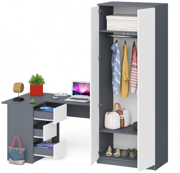 Мори Стол компьютерный МС-16 левый + Шкаф МШ800.1, цвет графит/белый, ШхГхВ 204,8х84,9х209,6 см., выдвижные ящики слева, НЕ универсальная сборка