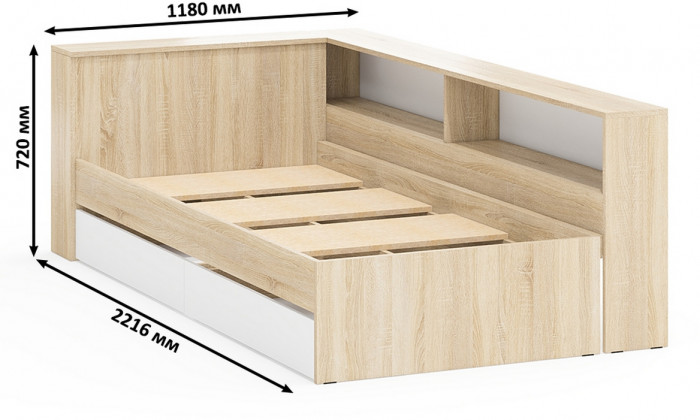 Ксения Кровать с ящиками 0900 + прикроватный блок + Столик с подсветкой 110, дуб сонома/белый