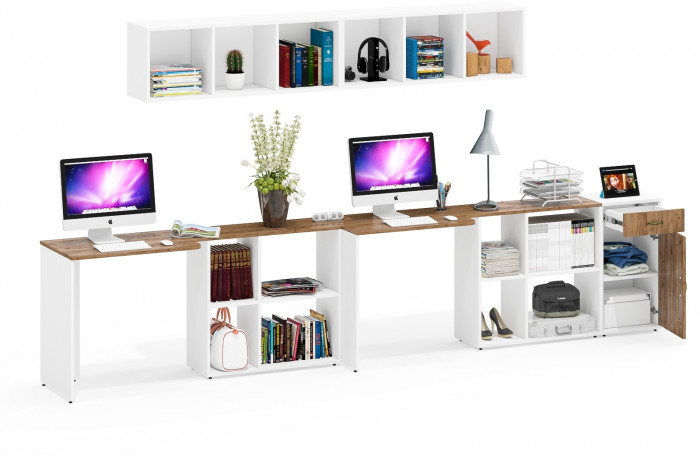 Лидер-8 Стол + Полка + Стол + Полка + Тумба МД 3.15, цвет белый шагрень/крафт золото, ШхГхВ 370х50/30х75 или 230х50/120х75 см., НЕ универс. сборка