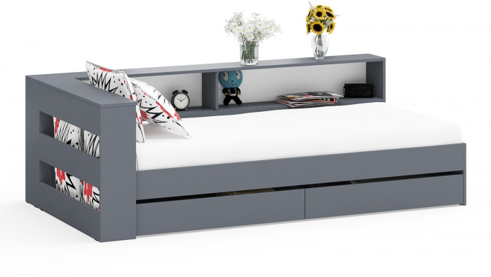 Ксения Кровать с ящиками 0900 + прикроватный блок, графит