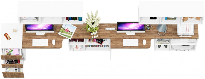 Лидер-8 Стол + Полка + Стол + Полка + Тумба МД 3.16, цвет белый шагрень/крафт золото, ШхГхВ 370х50/30х75/190 или 270х80/50х75/190 , НЕ универс. сборка