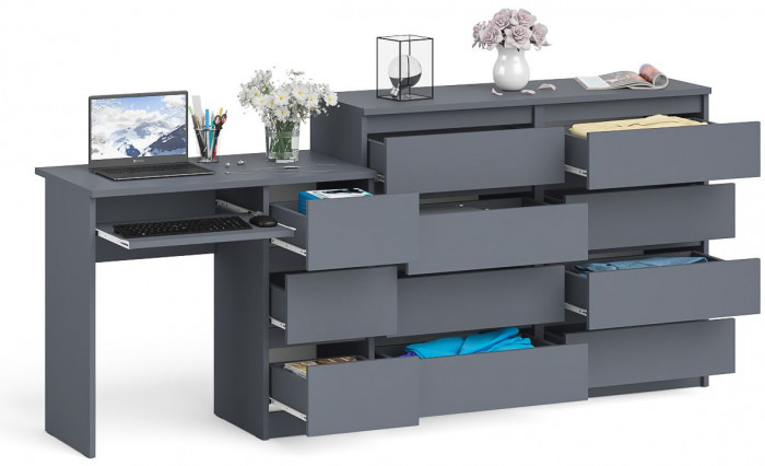 Мори Стол компьютерный МС-6 правый + Комод МК1200.8, цвет графит, ШхГхВ 210,4х50х94 см., выдвижные ящики справа, НЕ универсальная сборка