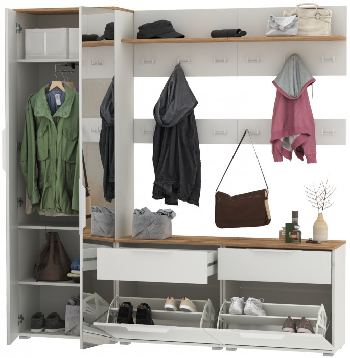 Октава Прихожая 32, цвет белый шагрень/дуб крафт золотой/фасады МДФ белый шагрень, ШхГхВ 194,2х35,4х197,6 см., универсальная сборка