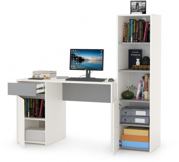 Торонто 12.149 Стол + 13.13 Шкаф комбинированный, белый шагрень/стальной серый