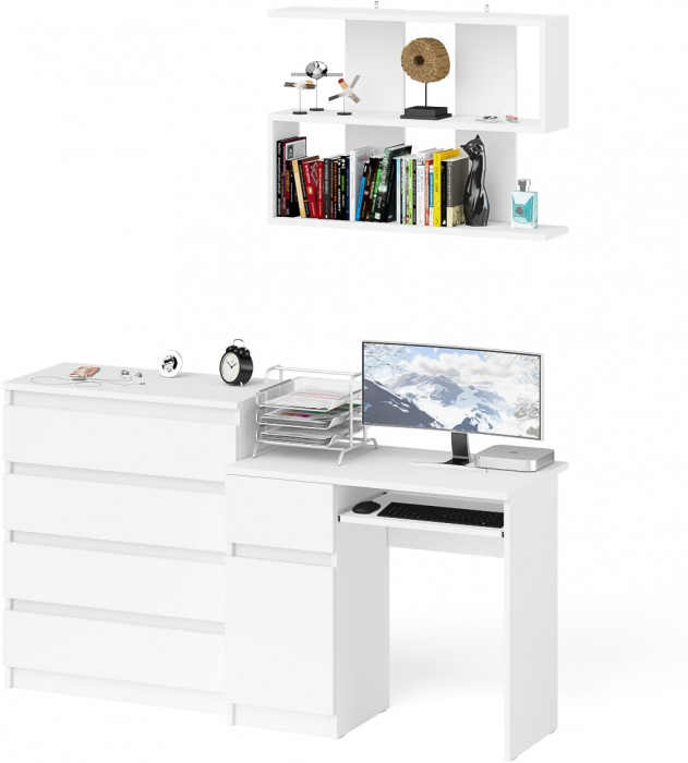 Мори компьютерный стол МС-1 левый + Комод МК800.4 + Полка 900, белый