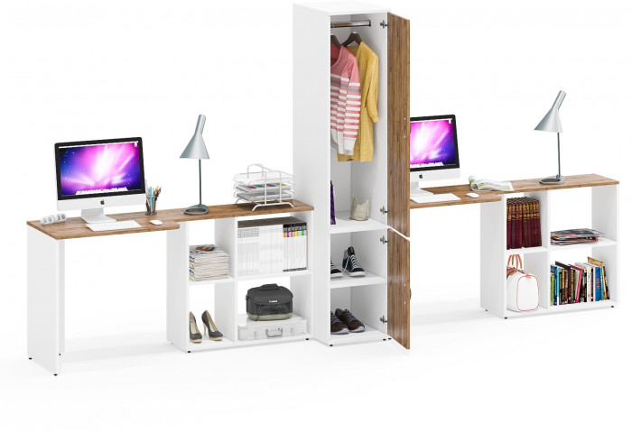 Лидер-8 Стол + Стол + Пенал МД 23Б, белый шагрень/крафт золото