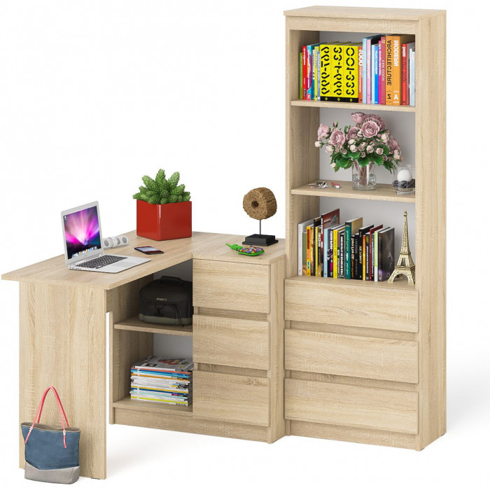 Мори компьютерный стол МС-16 правый + Стеллаж МСТ600.3, дуб сонома