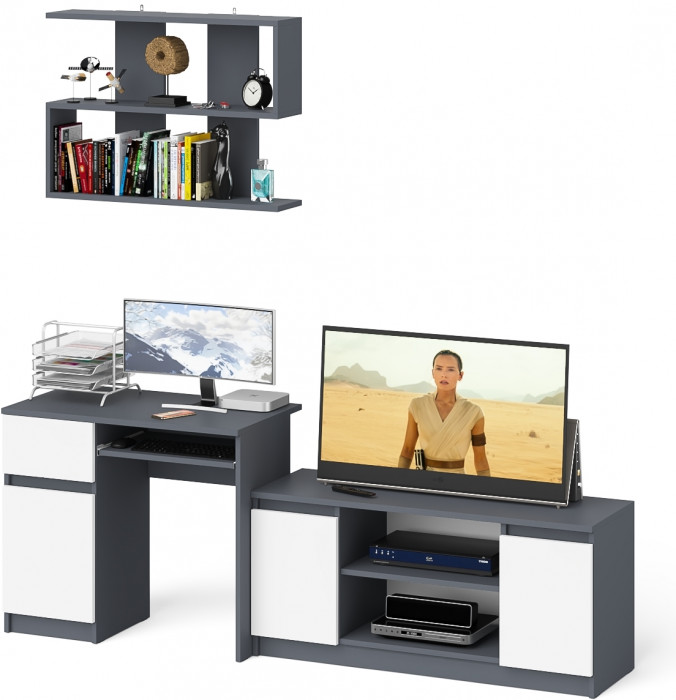 Мори Стол компьютерный МС-1 левый + Тумба МТВ1200.1 + Полка 900, цвет графит/белый, ШхГхВ 210,4х50х209,6 см., НЕ универсальная сборка
