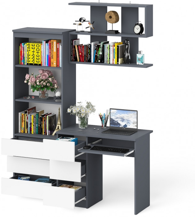 Мори Стол компьютерный МС-6 левый + Стеллаж МСТ600.3 + Полка 900, цвет графит/белый, ШхГхВ 150,4х50х209,6 см., НЕ универсальная сборка
