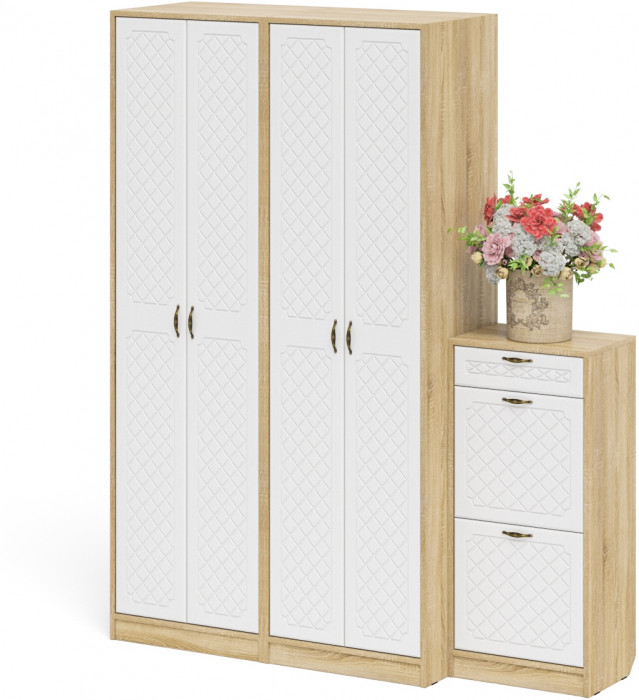 Прихожая П-6 Компоновка № 13, дуб сонома/фасады МДФ белое дерево фрезеровка ромб