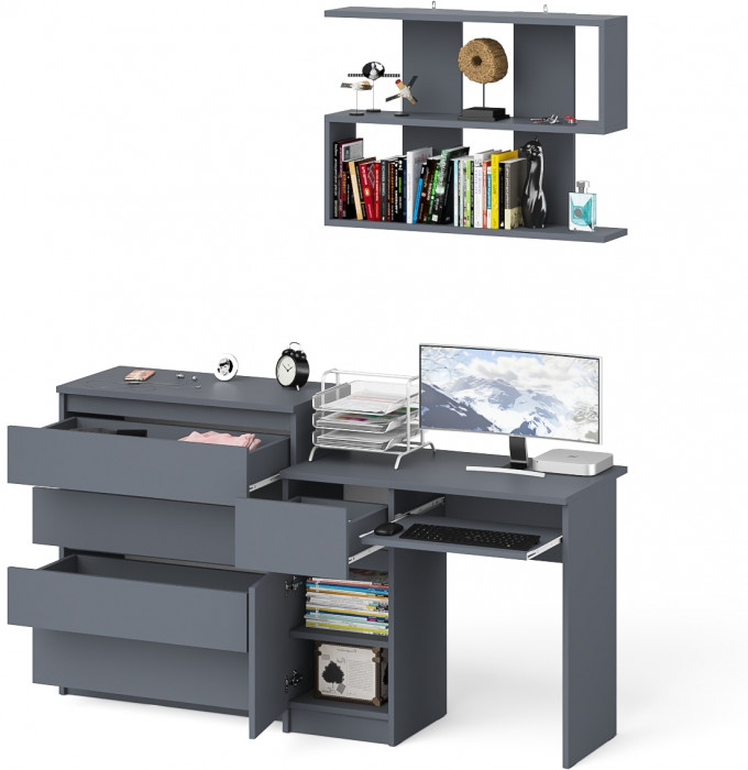 Мори компьютерный стол МС-1 левый + Комод МК800.4 + Полка 900, графит