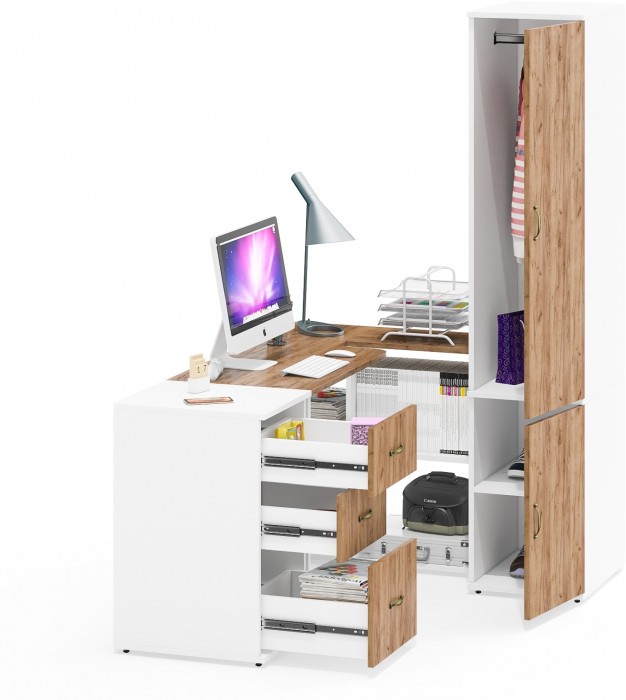 Лидер-8 Стол + Тумба МД 3.16 + Пенал МД 23Б, цвет белый шагрень/крафт золото, ШхГхВ 245х50х75/190 или 115х160/50х75/190 см., НЕ ун. сборка