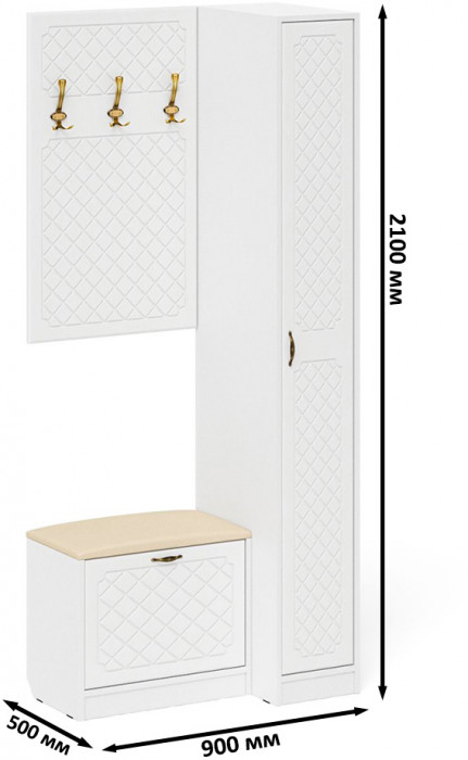 Прихожая П-6 Компоновка № 41, белая шагрень/фасады МДФ белое дерево фрезеровка ромб