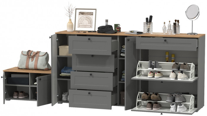 Остин 16.221 Комод + 16.121 Тумба для обуви + 13.257 Тумба, цвет серый графит/дуб крафт золотой, ШхГхВ 280х41,9х99,3 см.