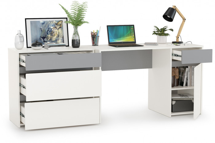 Торонто 12.149 Стол + 13.321 Комод, белый шагрень/стальной серый