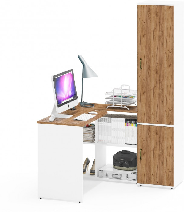 Лидер-8 Стол + Пенал МД 21Б, белый шагрень/крафт золото