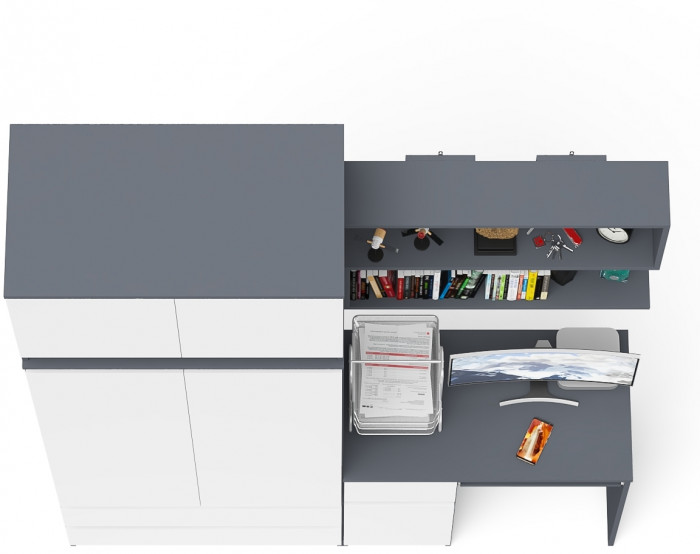 Мори компьютерный стол МС-1 левый + Шкаф МШ900.1 + Антресоль МА900.1 + Полка 900, графит/белый