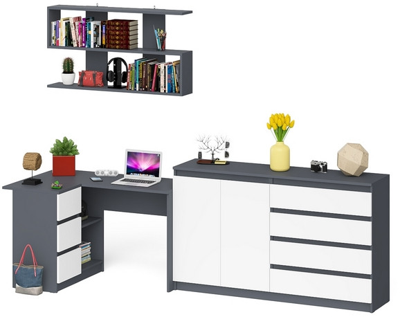 Мори компьютерный стол МС-16 левый + Комод МК1600.1 + Полка 1200, графит/белый