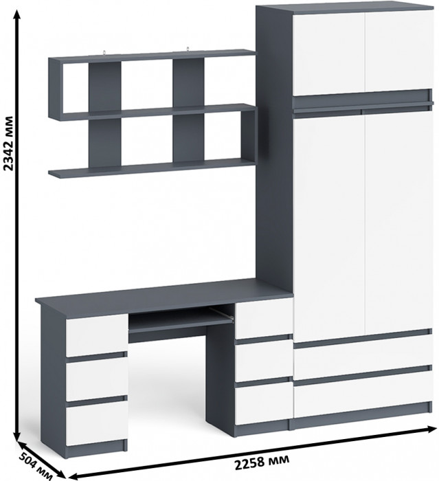 Мори компьютерный стол МС-2 + Шкаф МШ900.1 + Антресоль МА900.1 + Полка 1200, графит/белый