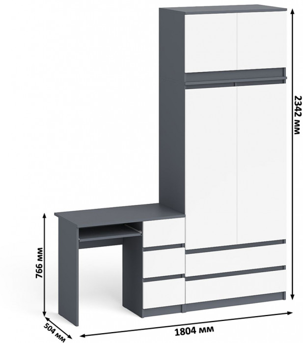 Мори Стол компьютерный МС-6 правый + Шкаф МШ900.1 + Антресоль МА900.1, цвет графит/белый, ШхГхВ 180,4х50,4х234,2 см., выдвиж. ящики справа, НЕ ун. сб.