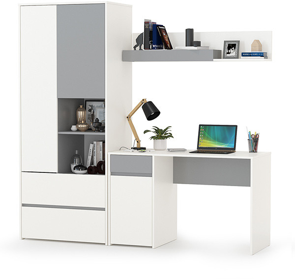 Торонто 12.149 Стол + 13.333 Шкаф для одежды + 16.475 Полка, белый шагрень/стальной серый