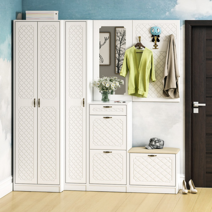 Прихожая П-6 Зеркало, цвет МДФ белое дерево фрезеровка ромб, ШхГхВ 50х1,6х102 см.