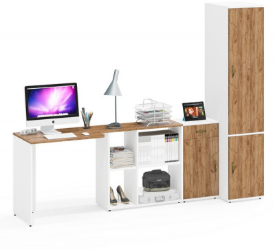 Лидер-8 Стол + Тумба МД 3.15 + Пенал МД 23Б, белый шагрень/крафт золото